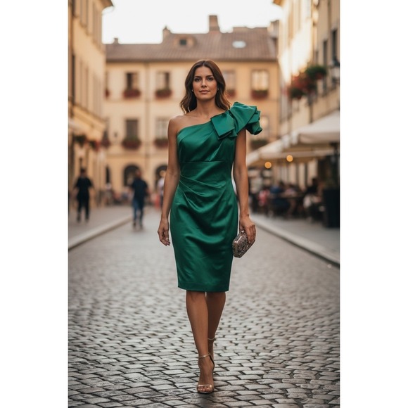 Tahari asymmetrical Elegant Green Satin Dress size 4 sleeveless fitted holiday - Picture 3 of 3